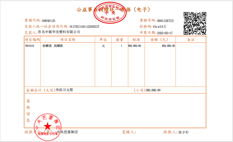 青島中新華美塑料有限公司捐贈(zèng)30萬元，攜手中央芭蕾舞團(tuán)共筑藝術(shù)未來